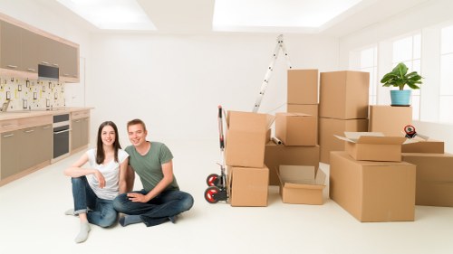 Packed office furniture and boxes prepared for relocation in Knightsbridge
