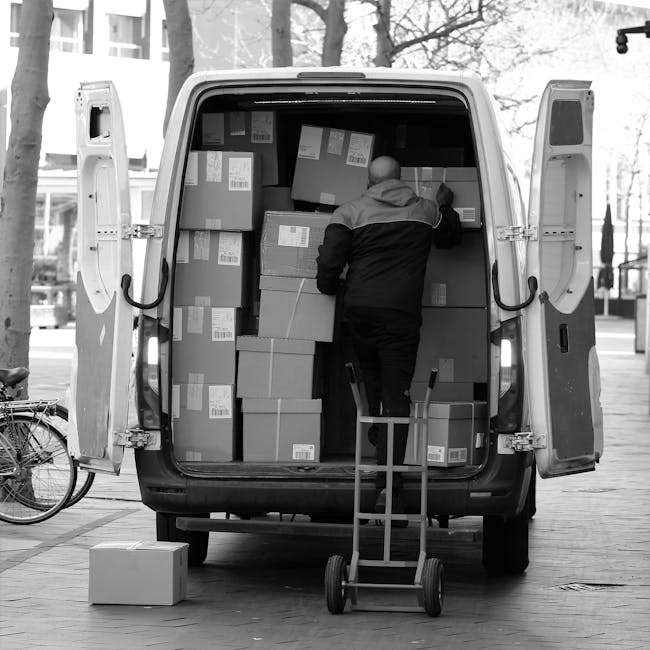 A professional mover from Man with Van Knightsbridge is loading numerous cardboard boxes into the back of a large, open delivery van parked on a city street, possibly during a house removal or relocation process. The van's interior is filled with stacked boxes, some positioned on a trolley that the mover is using to transport items inside. The mover, dressed in dark clothing with a jacket, is seen from behind as he arranges the boxes within the vehicle, which is situated on a paved pavement near trees and modern buildings. An additional cardboard box is on the ground beside the van, ready to be loaded or unloaded. The environment suggests an urban setting, with the van securely positioned for efficient furniture transport, packing, and moving activities. The scene captures a typical loading process involved in home relocation services provided by Man with Van Knightsbridge, illustrating the careful handling of items during furniture transport and the preparation for further moving logistics.